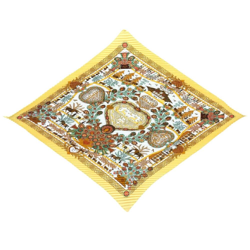 HERMES Hermes Pleated Scarf Decoupages Paper Cutout Scarf/Muffler Silk Yellow...